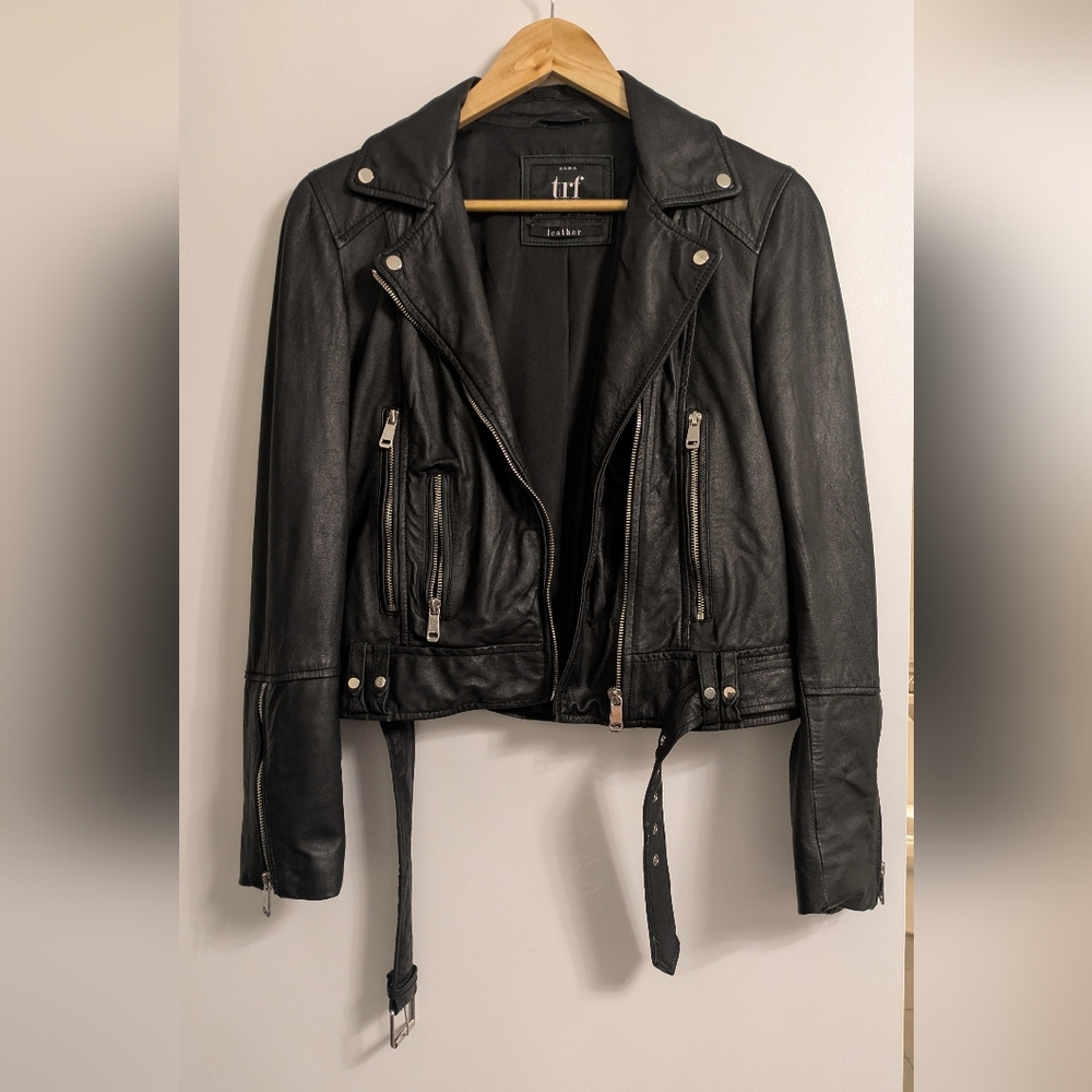 Zara Black Leather Moto  Biker Jacket with Silver Details